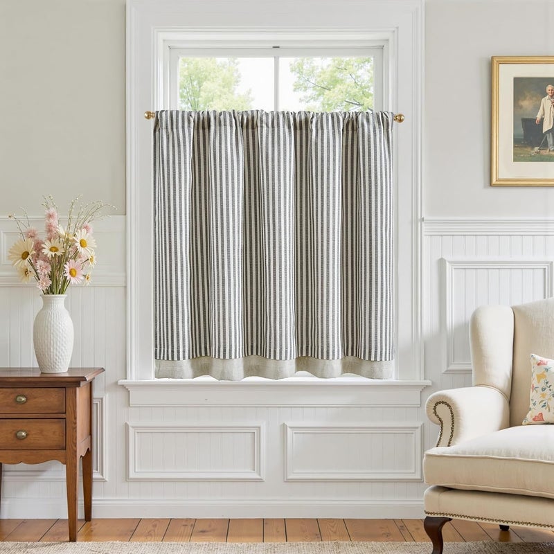 jinchan Double Layer Striped Linen Kitchen Tier Curtain Rustic Cafe for Living Room Bathroom Half Window Curtain Light Filtering Rod Pocket 1 Panel 36 Inch Charcoal Grey - Image 1